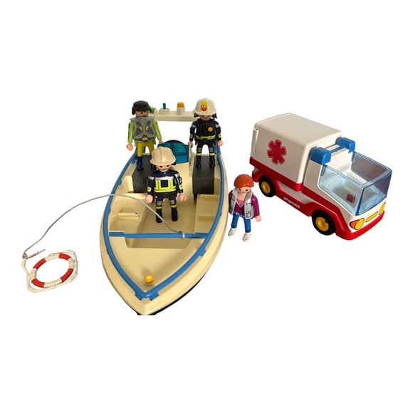 Vintage 1990's Playmobil 4 Figures Firemen First Aid & Customs Boat Ambulance - Picture 2 of 12